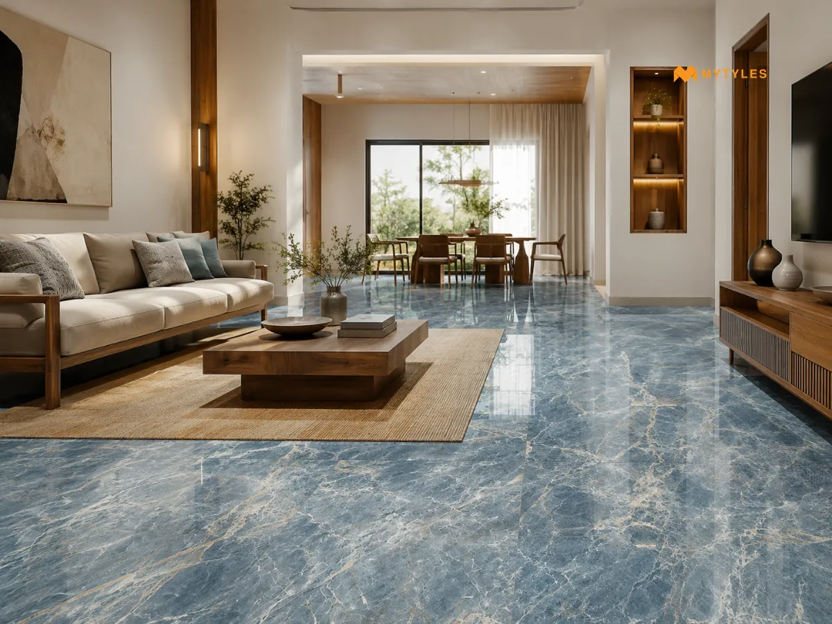 Marble-Look Tiles Paired with Wooden Furniture